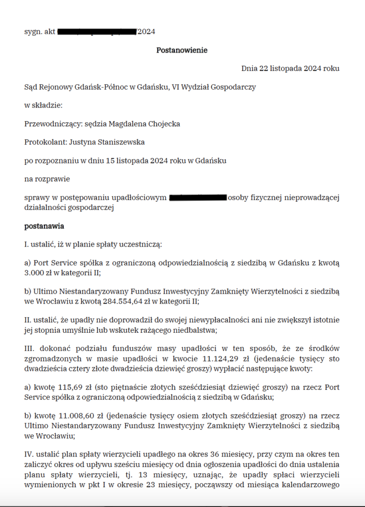 Oddłużenie byłego przedsiębiorcy. Postanowienie sądu upadłościowego w Gdańsku.